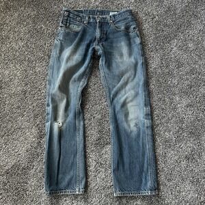 Levis 513 Jeans Mens 32x30 Dark Wash Straight Leg Distressed Faded‎ Blue Denim